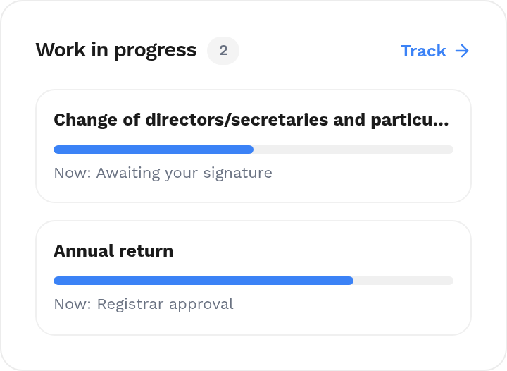 The Work in progress card on the Bizadvisor dashboard, showing two active filings with progress bars and their current steps