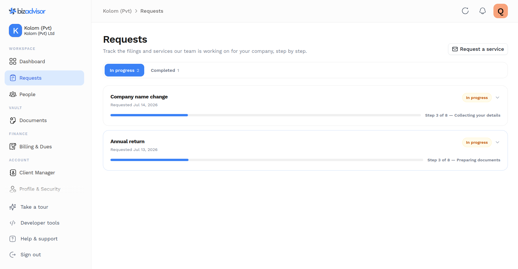 The Requests page on the Bizadvisor platform, showing two company filings in progress with progress bars — a director change at "Awaiting your signature" and an annual return at "Registrar approval"